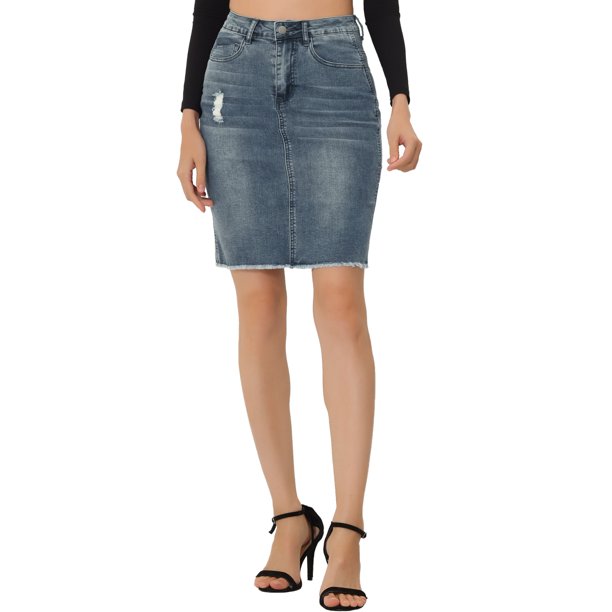 INSPIRE CHIC Faldas de mezclilla para mujer de cintura alta con dobladillo desgarrado y desgastado, faldas cortas de mezclilla azul gris XL