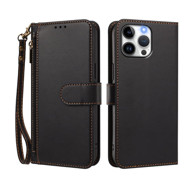 Funda Tipo Billetera para iphone14 Promax con Soporte y Bolsillo con Cierre Negro