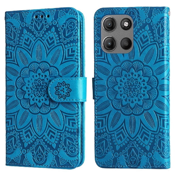 Funda tipo cartera FOXDOCK para Motorola Moto G15 Power , diseño girasol en relieve, cuero PU, cierre magnético, soporte y tarjetero