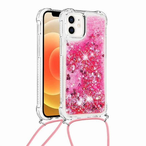 Funda FOXDOCK para iPhone 12 Mini con Cuerda Ajustable, Brillo Líquido, Protección Antigolpes y Lente – Ideal para Regalo