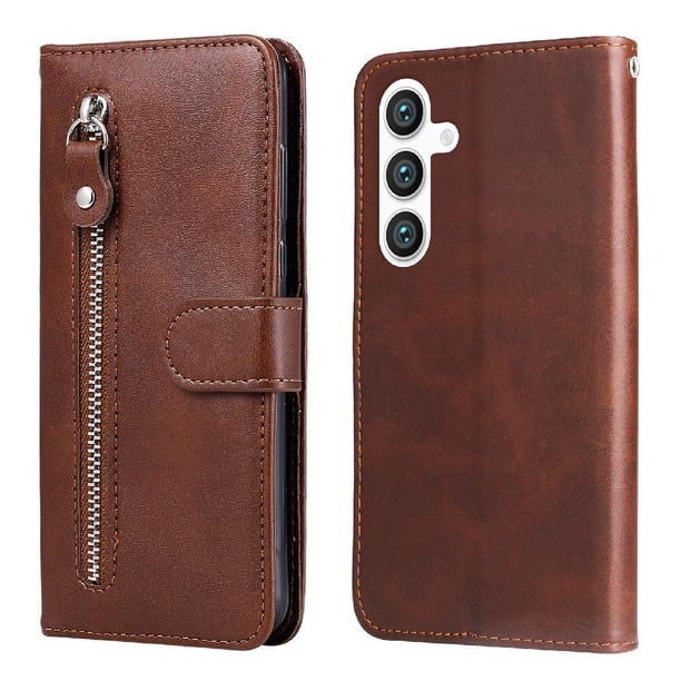 Funda tipo cartera para Samsung Galaxy S25 Plus con bolsillo con cremallera y ranuras para tarjetas – Función de soporte Marrón
