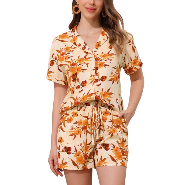 Conjuntos hawaianos para mujeres de regreso a clases 2026: 2 piezas, camisa con botones y pantalones cortos florales, atuendos casuales para vacaciones tropicales en la playa, talla S, beige y naranja