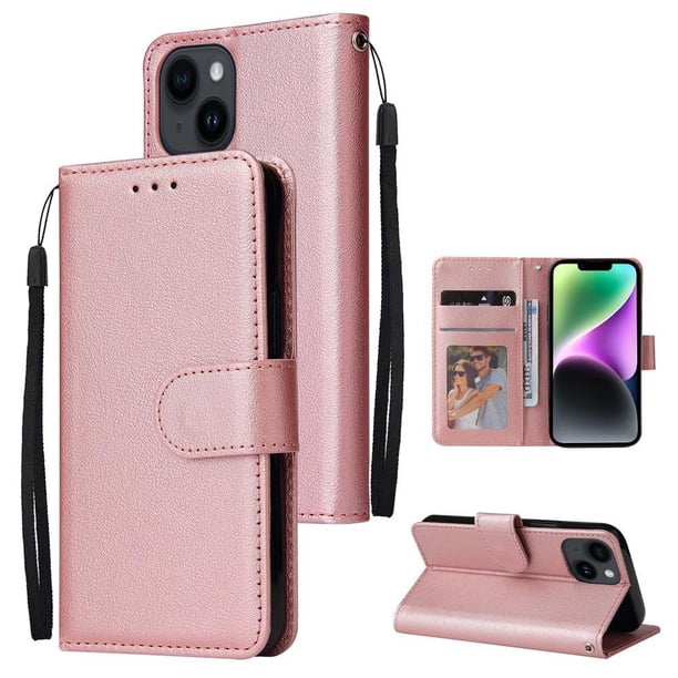 Funda Cartera para iPhone 14 con Tarjetero, Soporte y Cordón - Protección Oro rosa