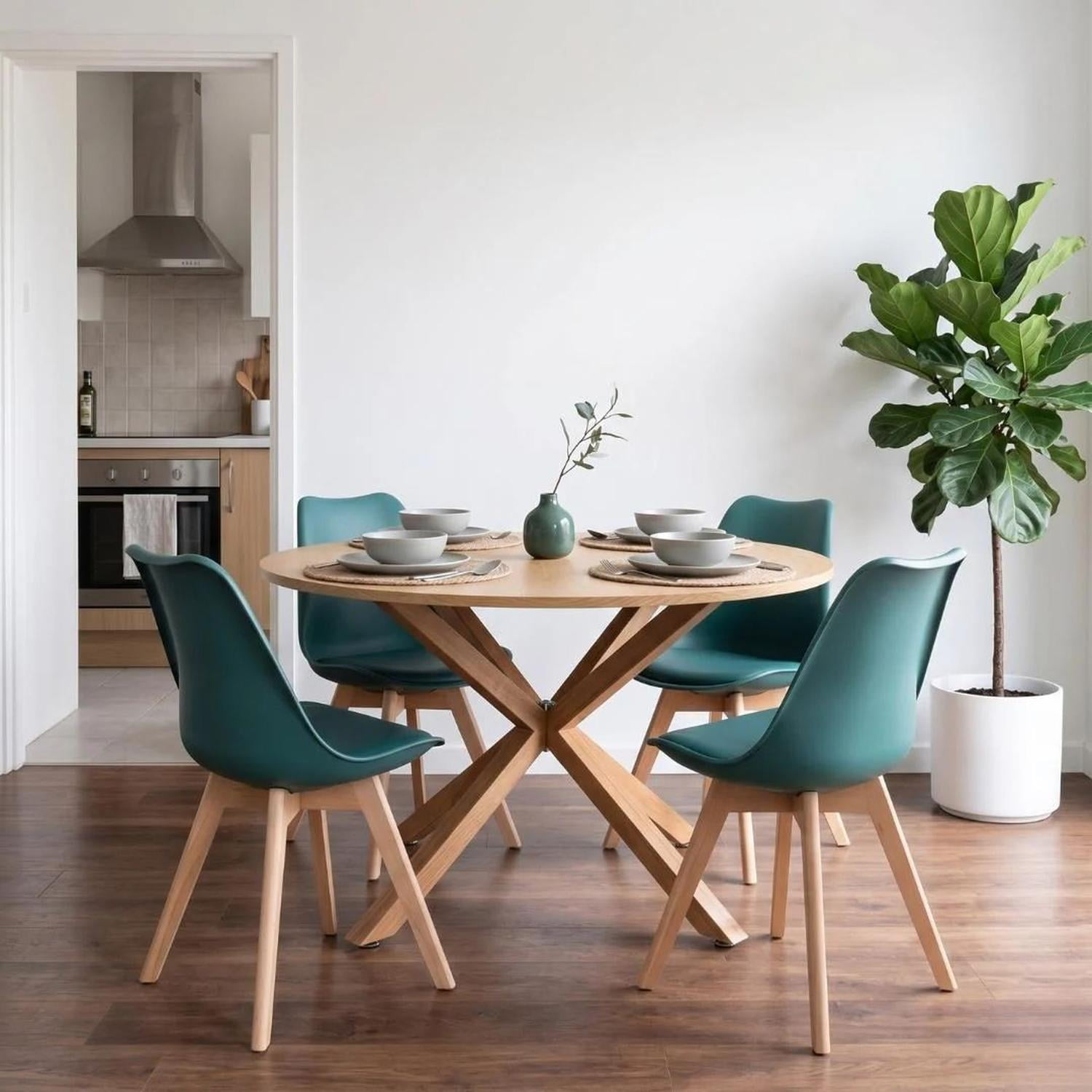 Pandalino - Comedor Mesa Redonda Equiz Wood 100cm + 4 Sillas Tulip Verde Esmeralda