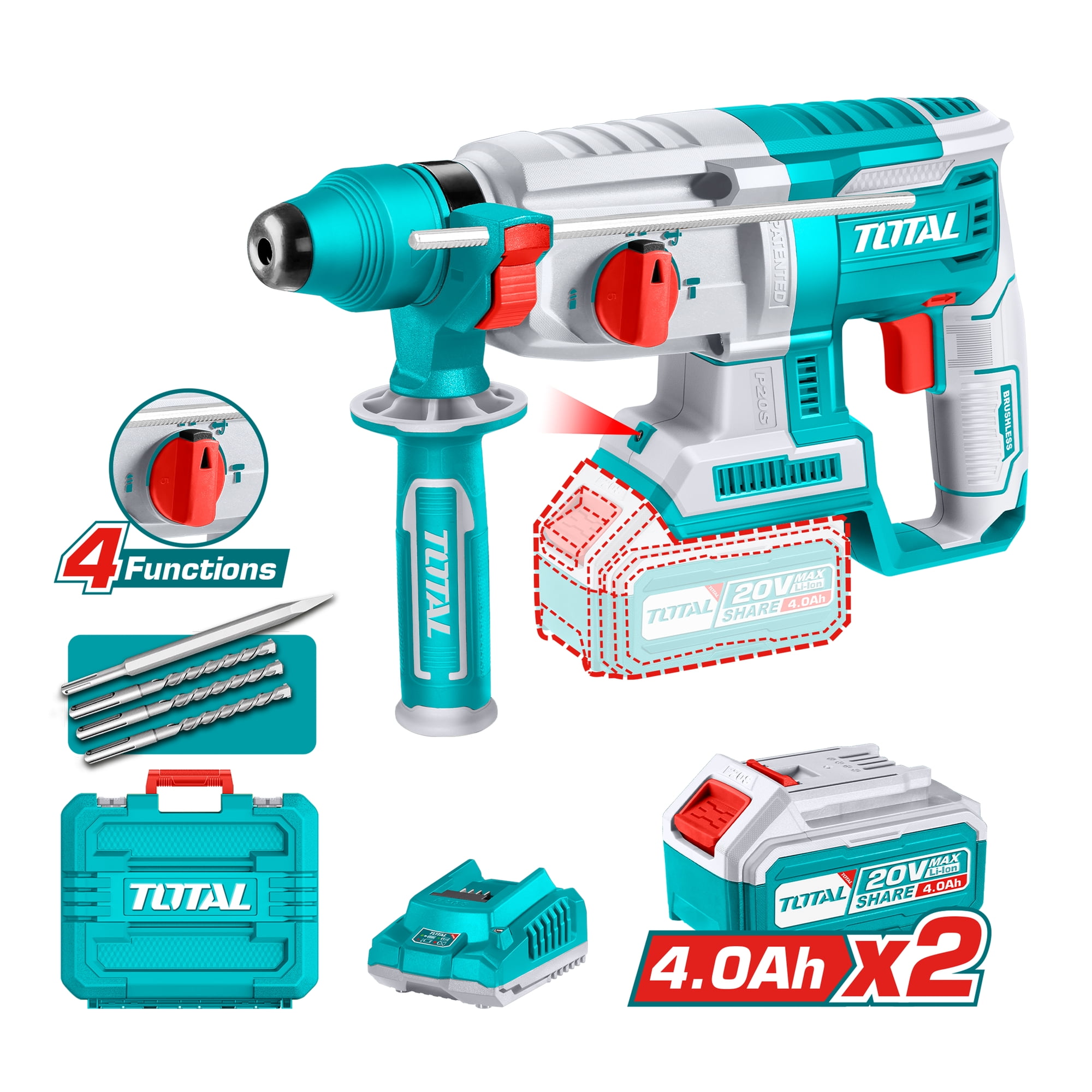 Rotomartillo Inalambrico 20v Sds Plus Con Doble Batería Total
