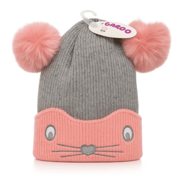 GORRO DE LANA INFANTIL DISEÑO RATON CON CHIPORRO Y POMPONES BEBE UNISEX