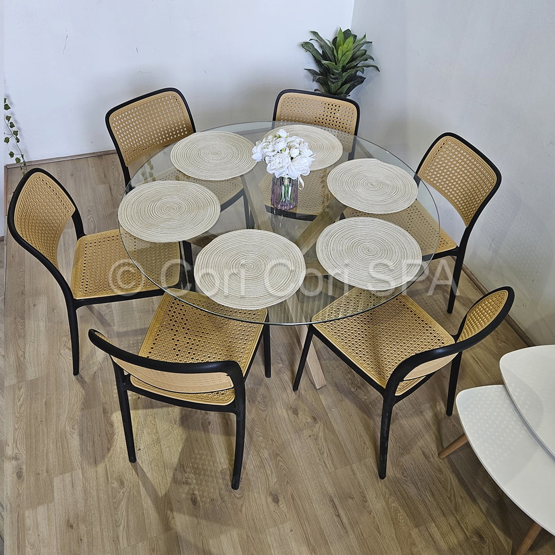 Coricori - Comedor Mesa Vidrio D120 + 6 Sillas Delta Negro