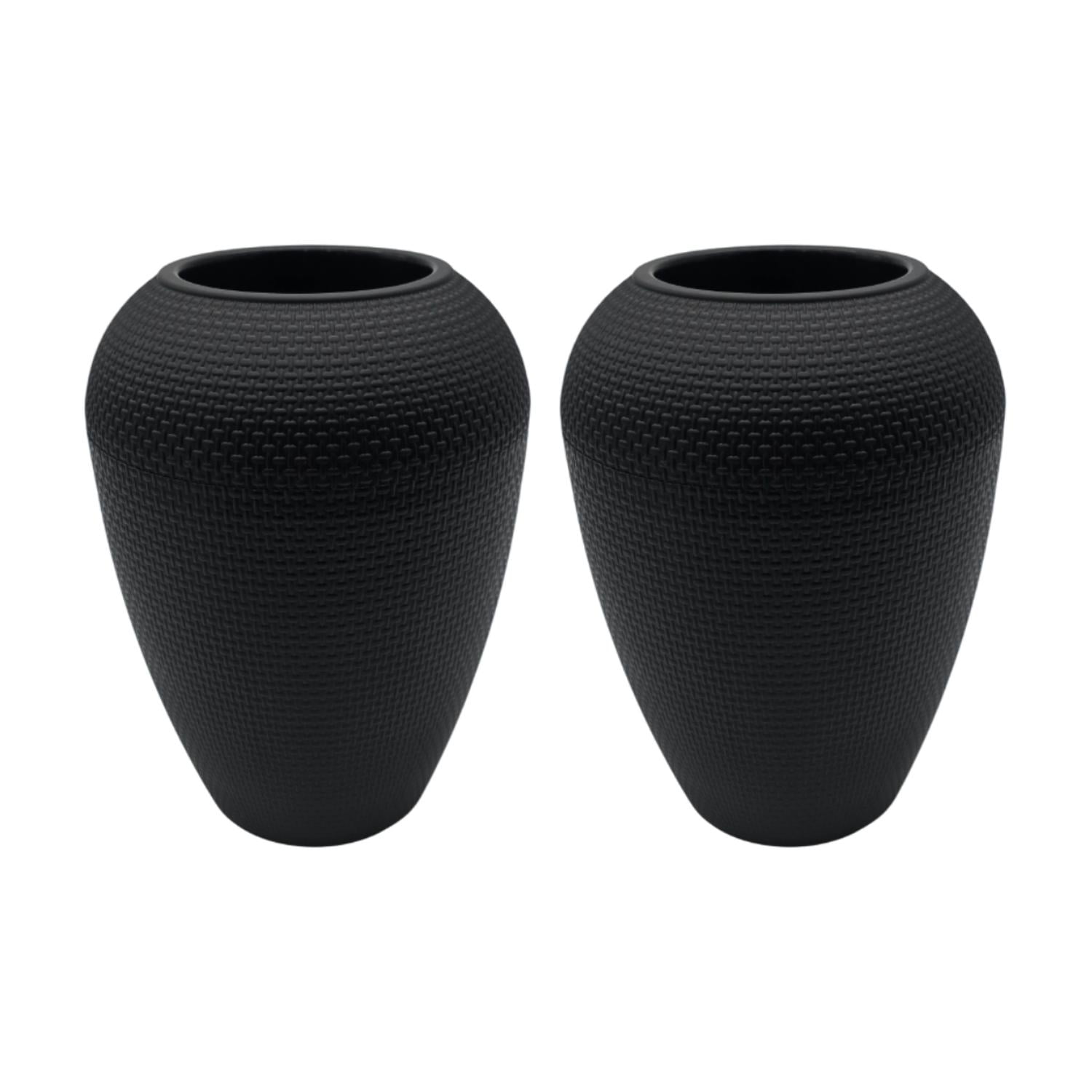 Fliperex - Set 2 Maceteros Plastico Redondo Ovalado Moderno Textura M Negro