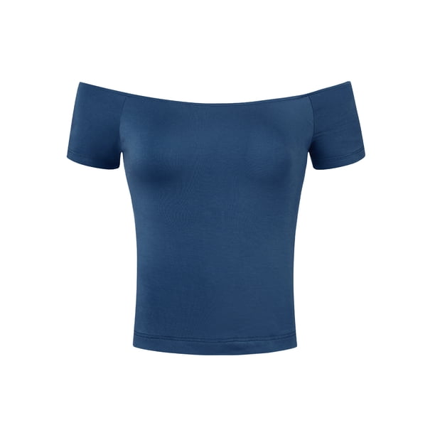 INSPIRE CHIC Blusa sólida de mujer con mangas cortas, hombros descubiertos, longitud a la cadera, talla L, azul marino