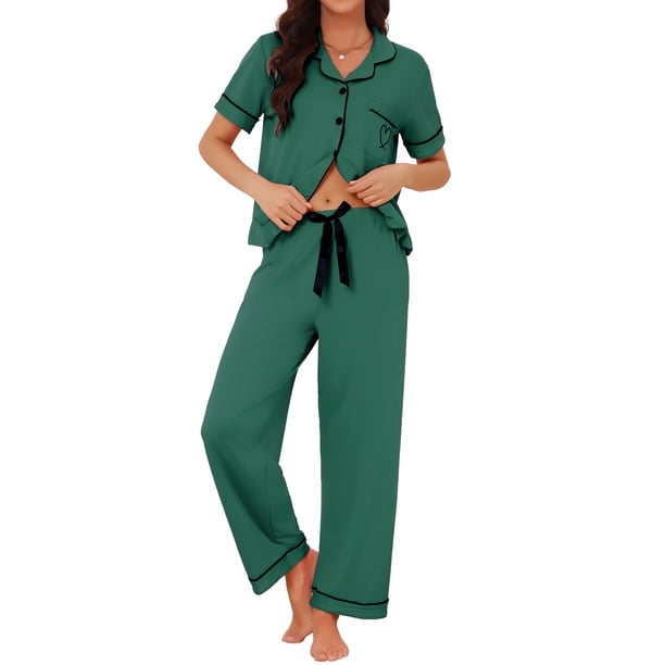 INSPIRE CHIC Conjunto de Pijama para Mujer con Botones, Lazo, Manga Corta, Camiseta y Pantalones, Pijamas Suaves para Novia, Conjunto de Dos Piezas para Dormir, Talla M, Verde