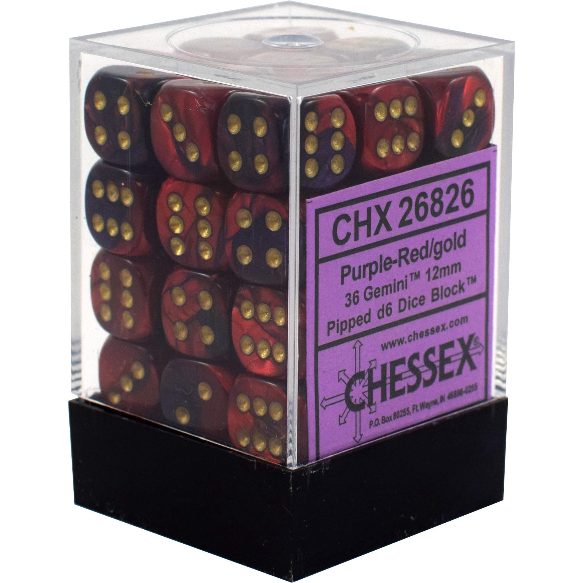 Set De Dados Chessex Gemini Morado, Rojo Y Dorado De 12 Mm Con Funda De Almacenamiento