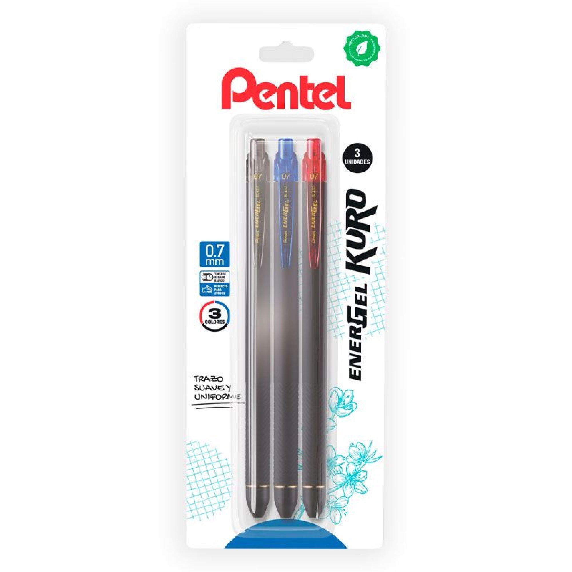 Bolígrafo Kuro Retractil Rojo + Negro + Azul Pentel