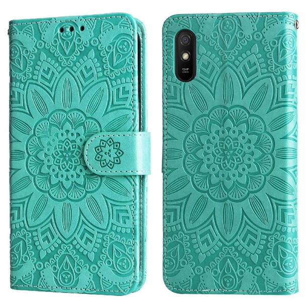 Funda tipo cartera FOXDOCK para Xiaomi Redmi 9A , diseño girasol en relieve, cuero PU, cierre magnético, soporte y tarjetero