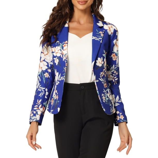 INSPIRE CHIC Traje de Maestra para Regreso a Clases de Mujer Blazer Ajustado con Solapa de Muesca Estampado Chaqueta de Trabajo Abierta M Azul Real-Floral