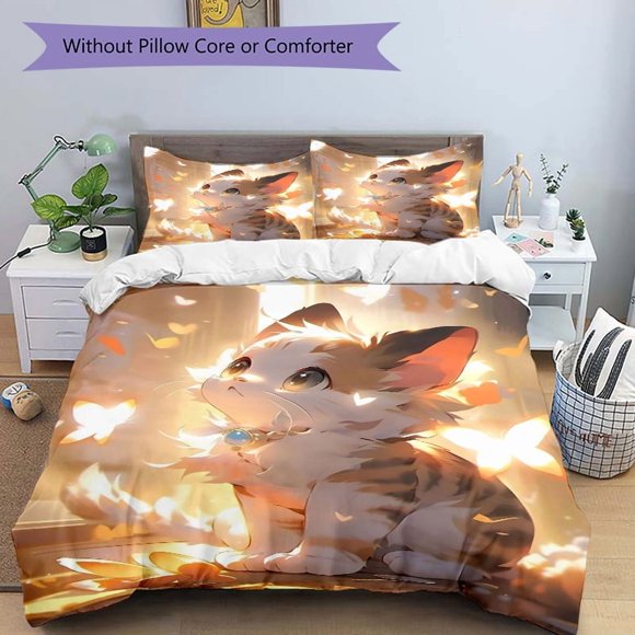 Handsome Cute Cat Bedding Set - 1 Soft Quilt Cover + 2 Pillowcases Machine Washable - Suitable for All Seasons Perfect Gift for Family and Friends.L051 Cozy Bed