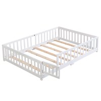 M&Ms - Full Size Floor Bed With Door,Solid Wood Platform Bed Frame With Fence,Suitable For Children,Pine Wood,White
