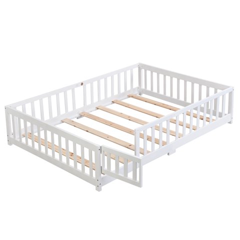 M&Ms - Full Size Floor Bed With Door,Solid Wood Platform Bed Frame With Fence,Suitable For Children,Pine Wood,White