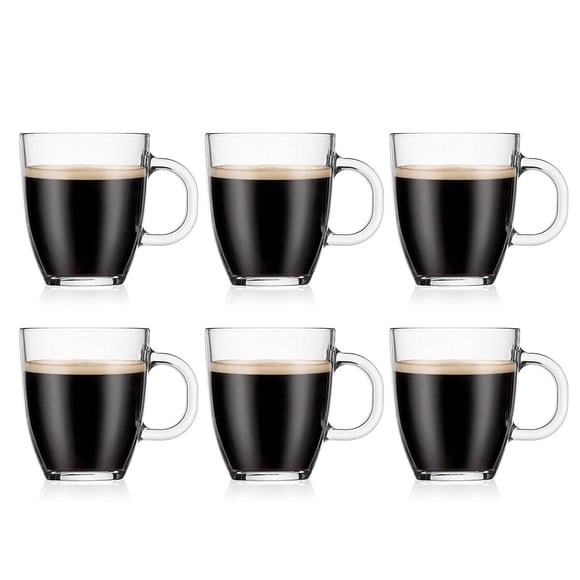 Bodum Juego de 6 Tazas de Café Bistro de Vidrio Templado de Pared Simple de 12 oz, Transparente