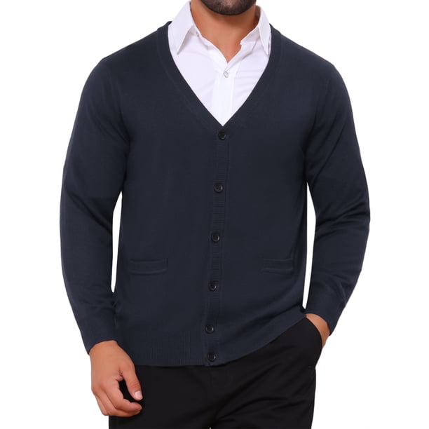 INSPIRE CHIC Suéteres de Punto con Botones y Bolsillos para Hombre de Cuello en V y Manga Larga Talla L Azul Marino