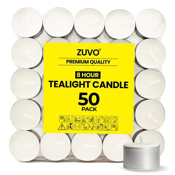 Velas de té Zuvo, 8 horas (paquete de 50), color blanco sin perfume