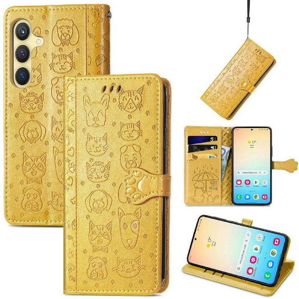 Funda Cartera FOXDOCK para Samsung Galaxy S24 , Flip PU con Relieve de Gatos y Perros, Tarjetero y Soporte