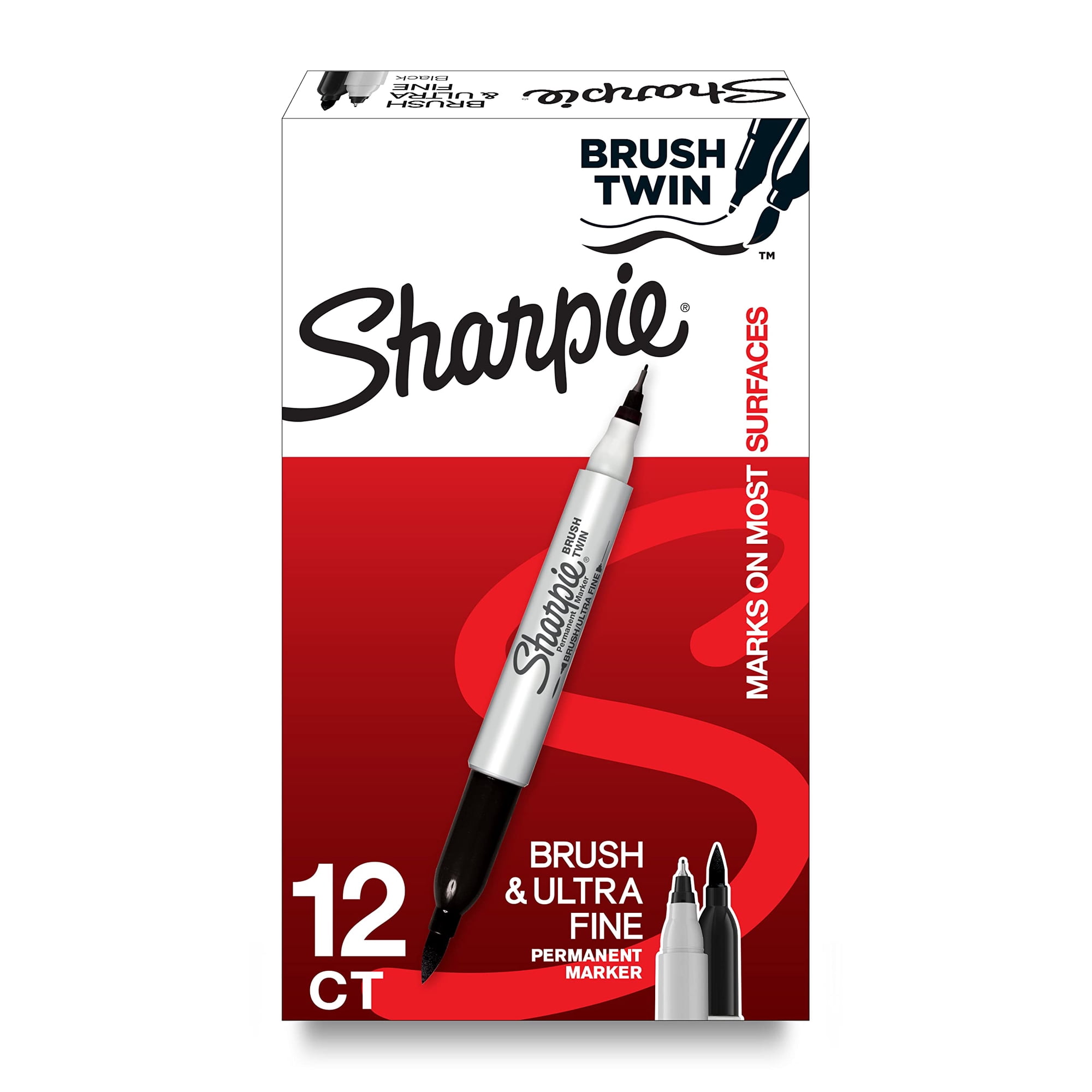 Rotulador Sharpie Brush Twin Permanent, Negro, 12 Unidades