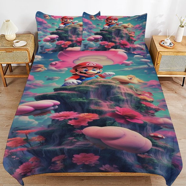 Super Mario Bed Duvet Cover Microfiber Bedding Sets 3D Printed Lightweight 3 Piece Comforter Sets for Kids Boys Girls
