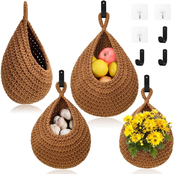 Set de cestas colgantes para frutas OGOTEZ, 3 piezas, algodón, forma de gota