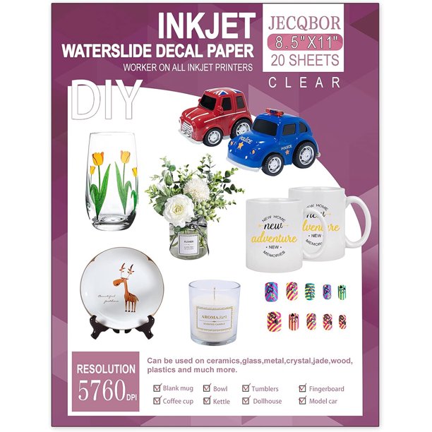 20 hojas de papel para calcomanías al agua, transparente para impresora de inyección de tinta, 8,5 x 11 pulgadas