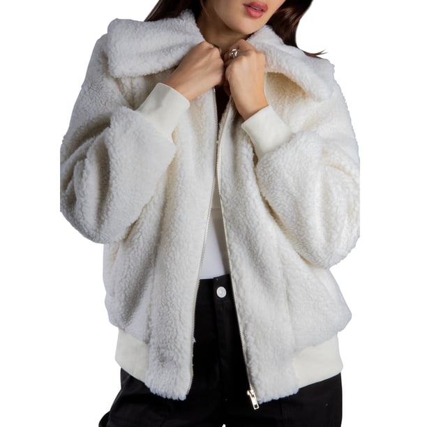 Jess por Meiko Chaquetas de Mujer Manga Larga Cuello Sobredimensionado Bolsillos Frontales Cremallera Chaqueta Bomber de Felpa XL Blanco