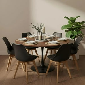 Pandalino - Comedor Mesa Tulip 120 Cm (Cubierta Efecto Madera Oscura) + 6 Sillas Tulip Negro