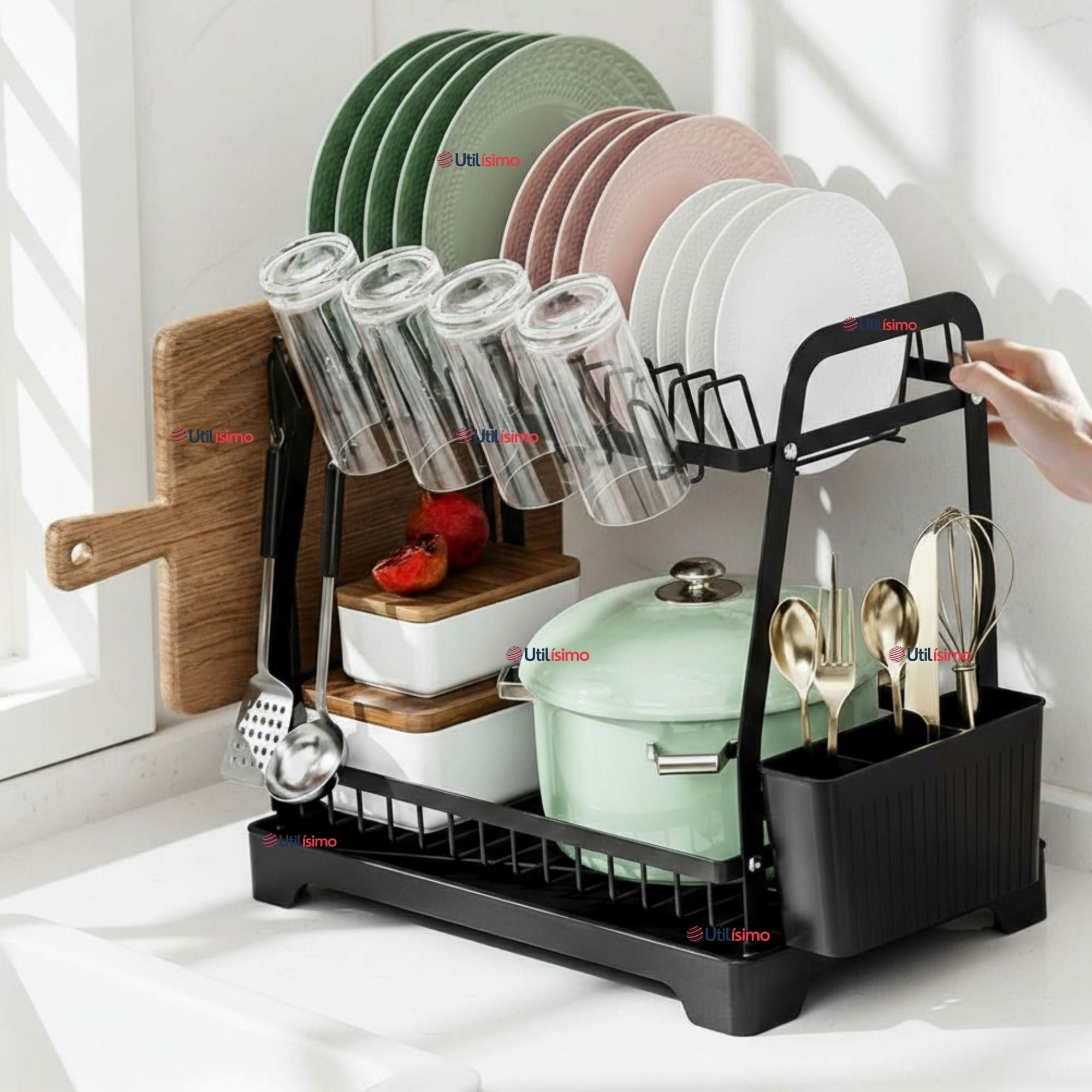 Line - Secador Escurridor Para Platos Loza Vajilla 2 Niveles Drenaje Automático