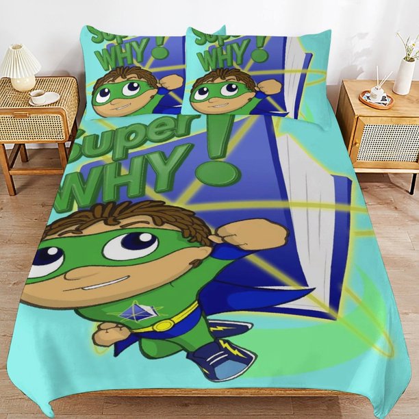Super Why Cartoon Bedding Sets Ultra Soft Skin-Friendly Duvet Cover 3 Piece, Cute Comforter Cover Bed Set for Boys Girls Kids