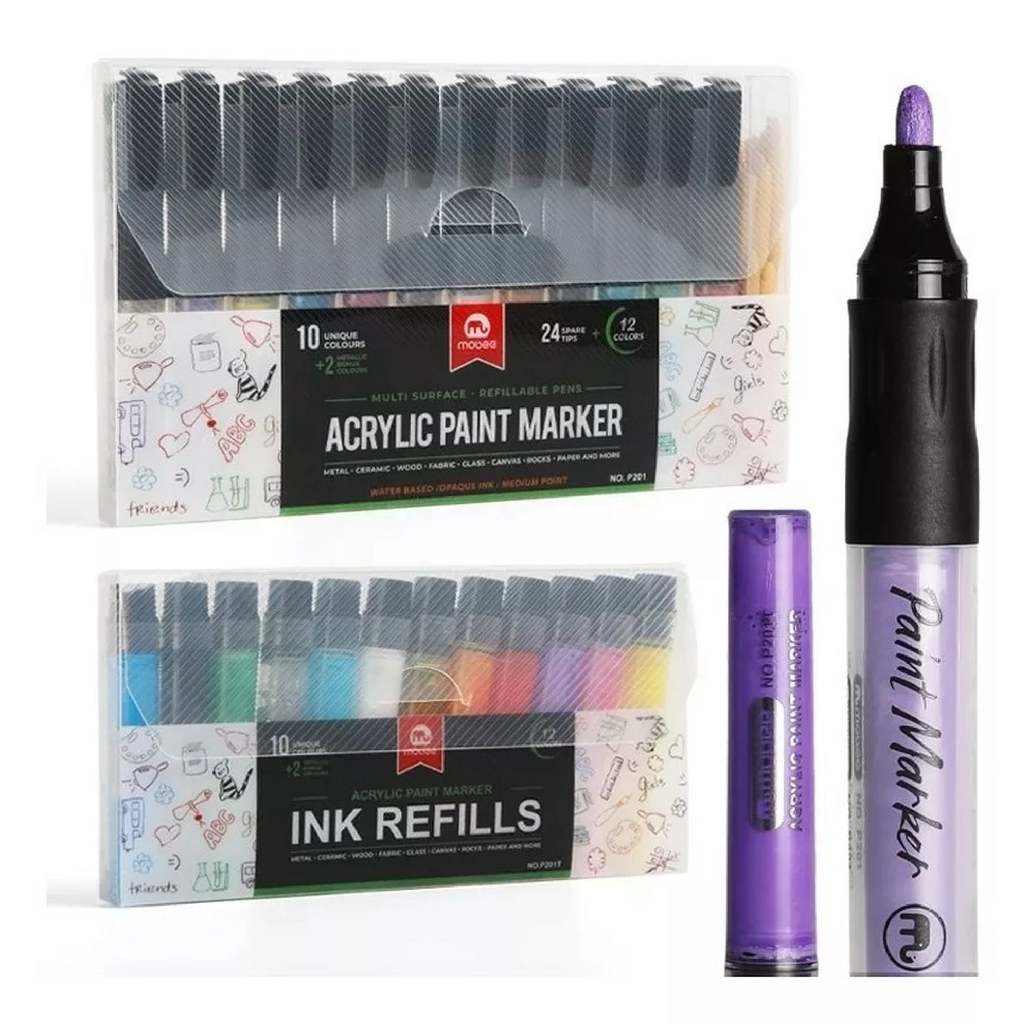 Mobee - Set 12 Marcadores Acrílicos 12 Recargas 24 Puntas Tipo Posca