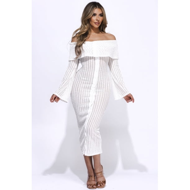 Saronite Vestido Midi de Tela con Volantes, Hombros Descubiertos y Mangas Acampanadas, Blanco (para Mujer)