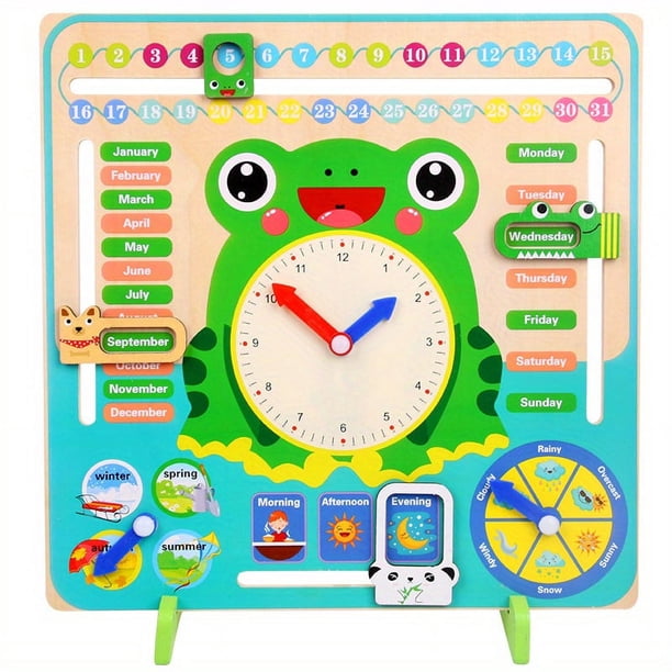 Montessori Wooden Children's Learning Clock Toy, Multifunctional Frog Teaching Clock Calendar, Weather, Season, Time, Week, Children's Early Education Fun Toy, Gift For Kindergarten Boys And Girls