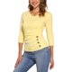 thumbnail image 4 of INSPIRE CHIC Blusa Fruncida para Mujer de Regreso a Clases con Botones Decorativos Cuello en V Manga 3/4 Top de Punto Sólido Amarillo Claro L, 4 of 6