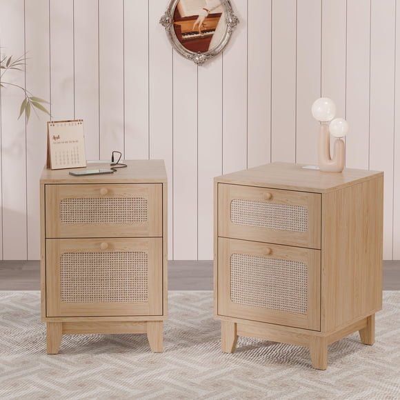 Juego de 2 Mesitas de Noche Betterhood de Madera y Rattan con Puertos USB Tipo-C