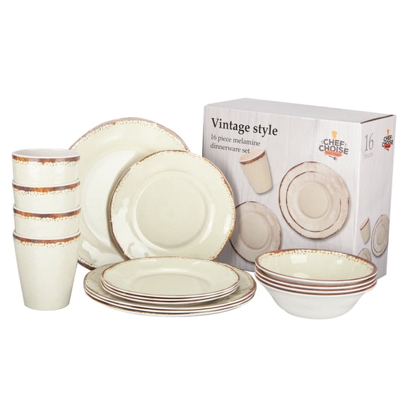 Juego 16 Piezas De Vajilla Melamina Platos Vasos Color Crema Chef Choice