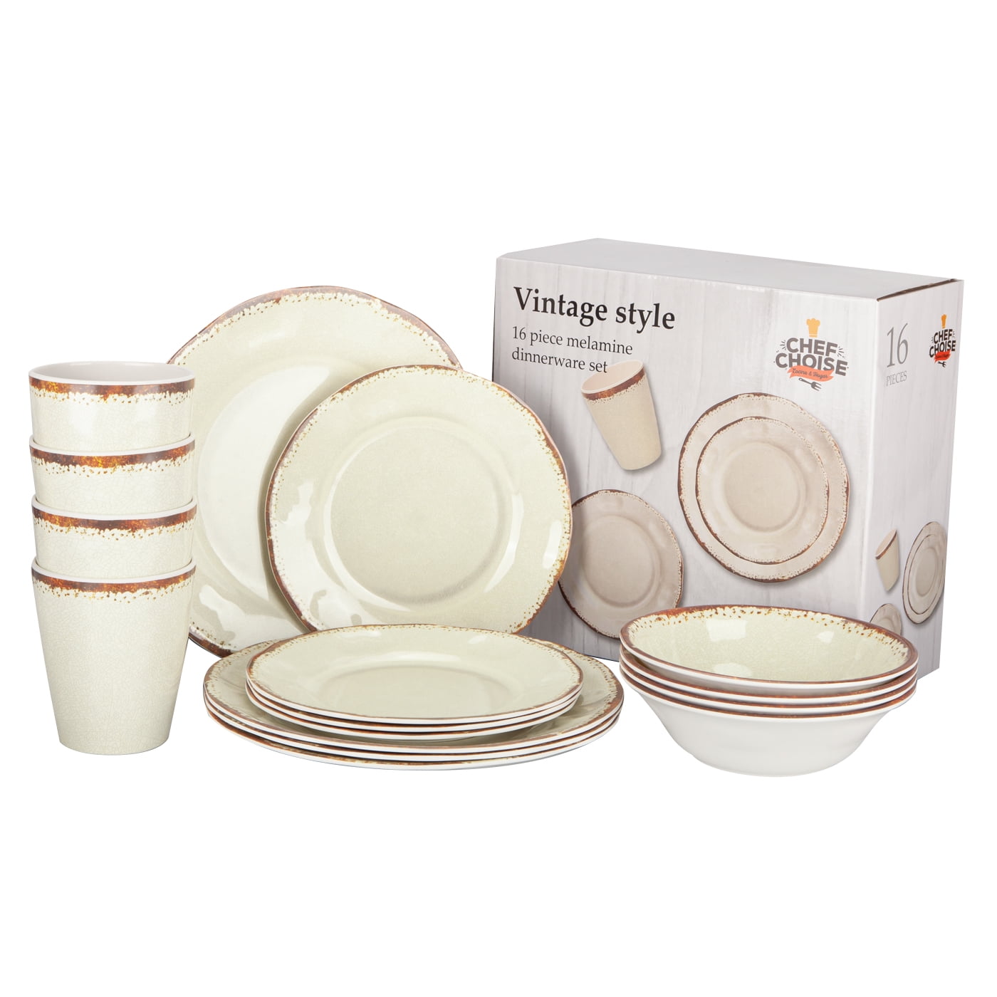 Chefchoice - Juego 16 Piezas De Vajilla Melamina Platos Vasos Color Crema Chef Choice