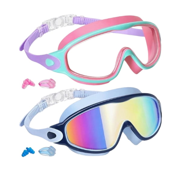 2 gafas de natación para niños, gafas de piscina, ajuste ancho y cómodo, sin fugas, con tapón para los oídos, gafas de natación para niños, máscara. Rosa y azul