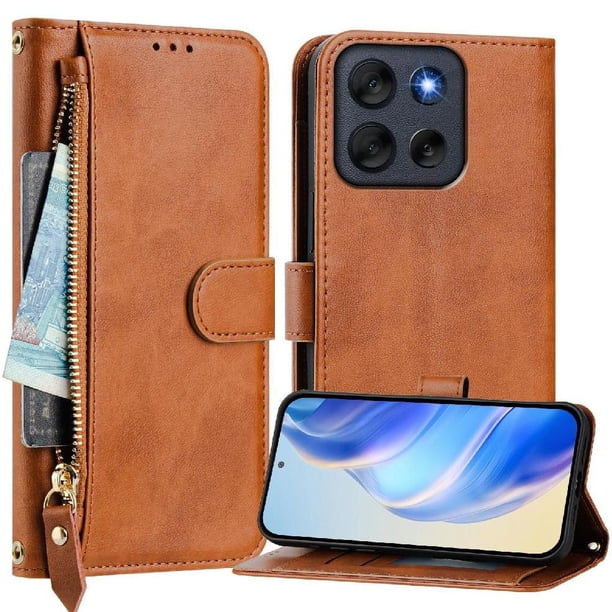 Funda Billetera Cremallera para Motorola Moto G56 con Porta Tarjetas, Soporte y Correa Marrón