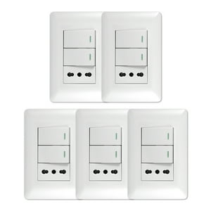 Genérico - Pack 5 Tomacorriente Simple 10/16A 250V + Interruptor Doble 9/12 10A Blanco