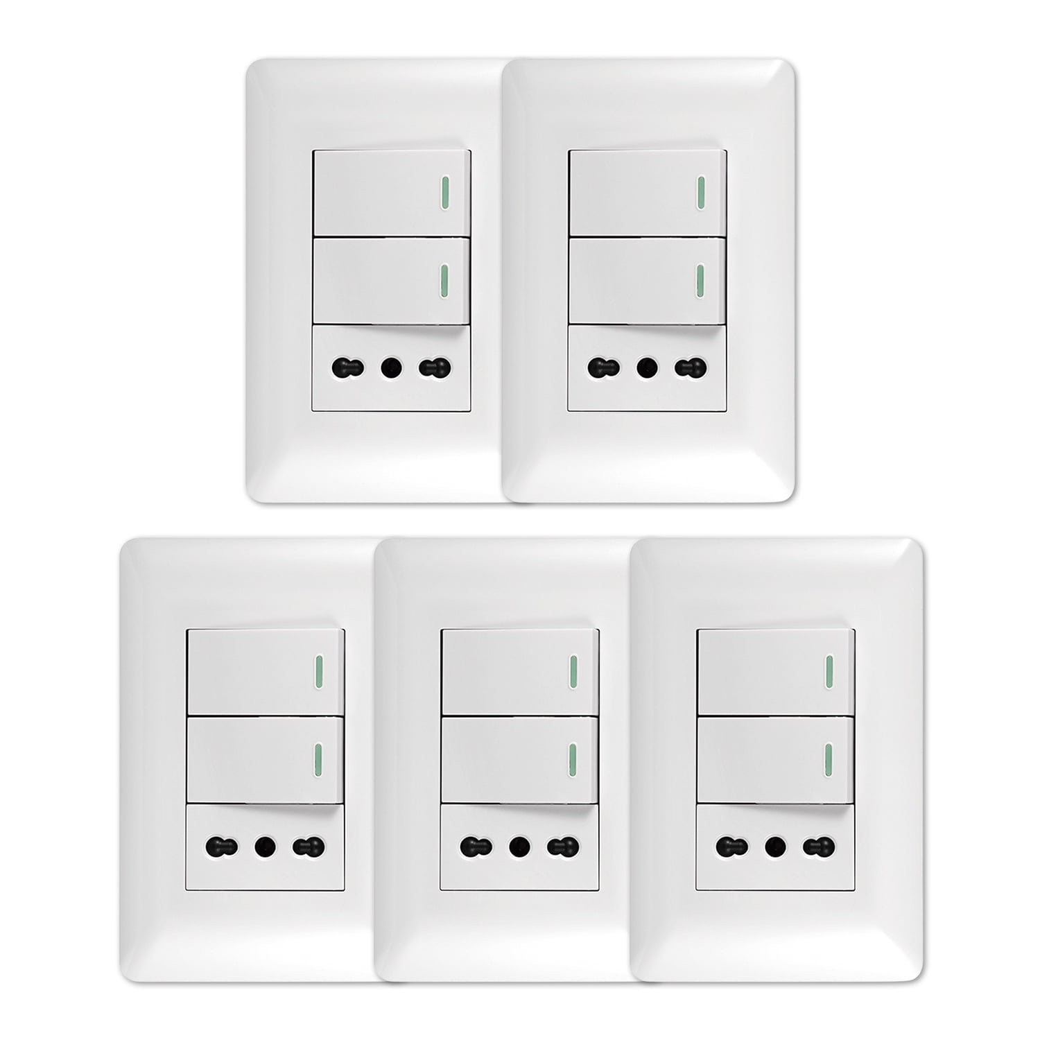 Genérico - Pack 5 Tomacorriente Simple 10/16a 250v + Interruptor Doble 9/12 10a Blanco