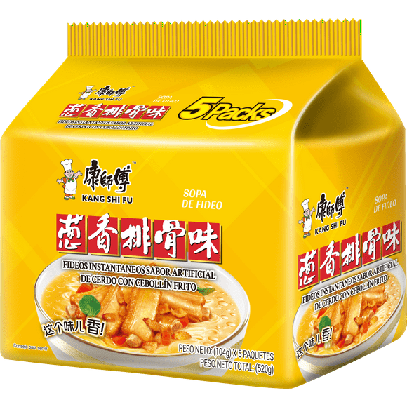 Fideo Instantaneo Kang Shi Fu Sabor Artificial de Cerdo con Cebollín Frito 104g*PACK 5 Bolsas