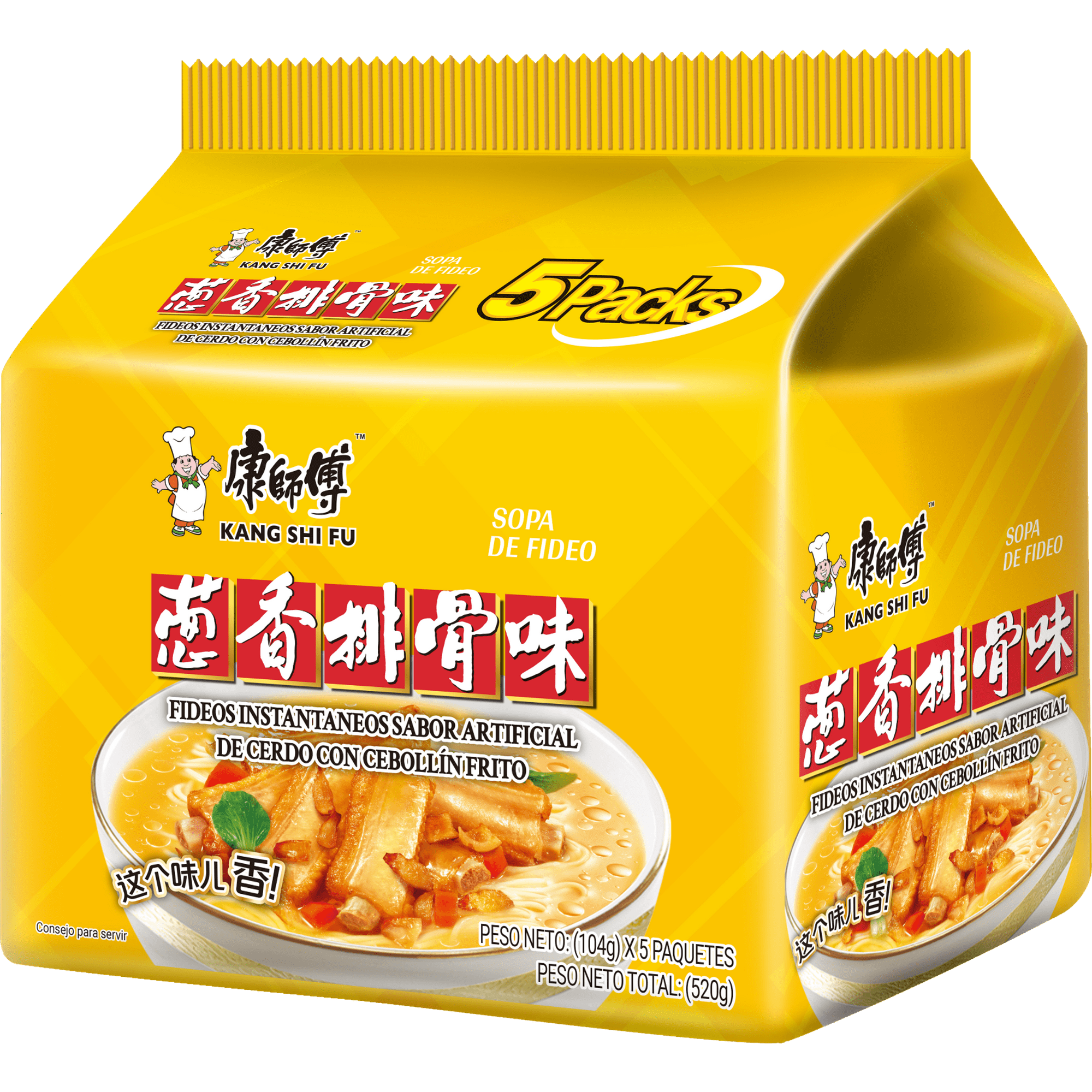 Fideo Instantaneo Kang Shi Fu Sabor Artificial De Cerdo Con Cebollín Frito 104g*pack 5 Bolsas