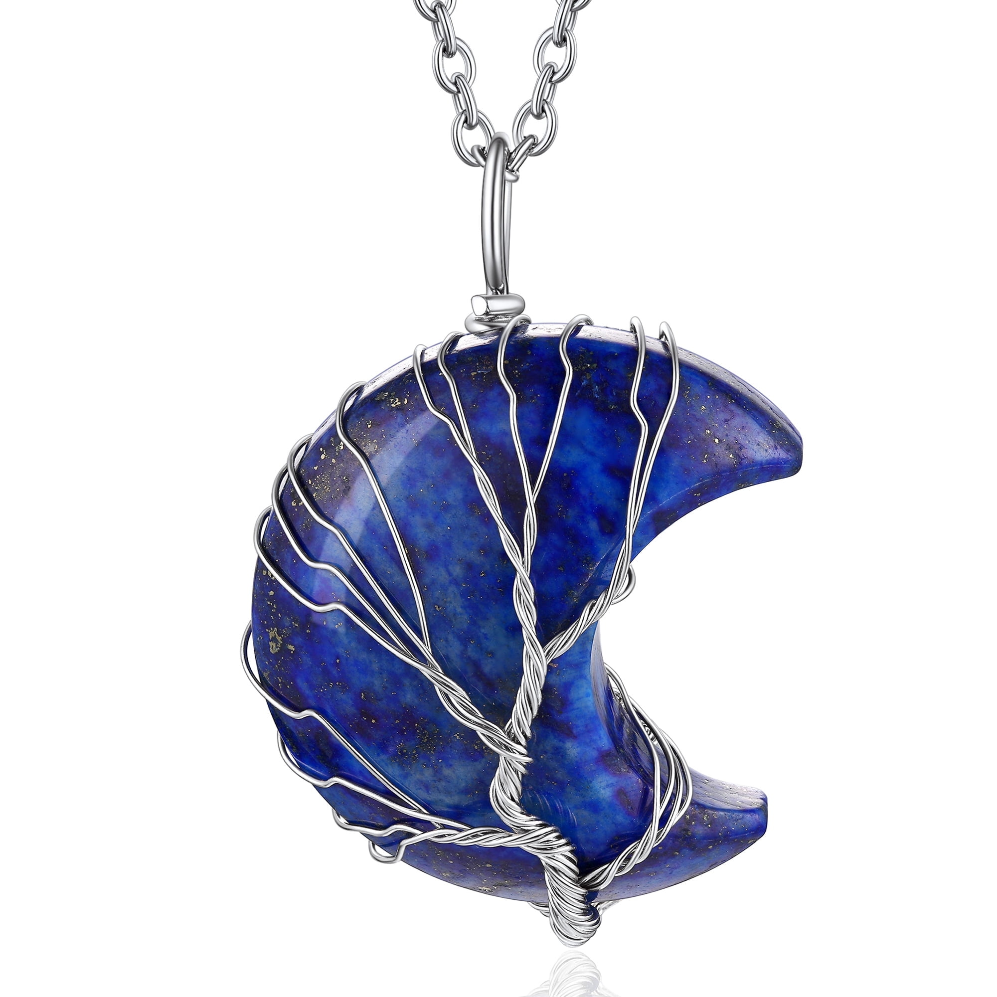 Heshpaws Árbol De La Vida Collar De Collar De Alambre Envuelto De Luna Creciente Colgante De Piedra De La Luna Creciente Colgante,7 Chakra Collar De Joyería De Cristal De Curación Para Mujeres