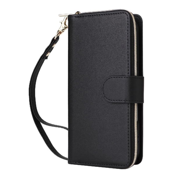 Funda Cartera con Cremallera y Correa para iPhone 16 Soporte y Tarjetero Negro
