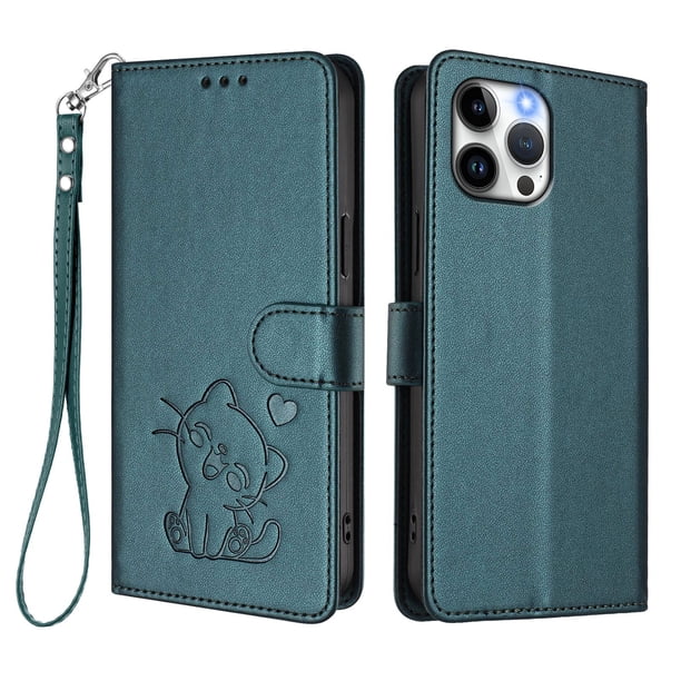 Funda de Gato tipo Libro para iPhone 13 Pro Max, Verde Oscuro
