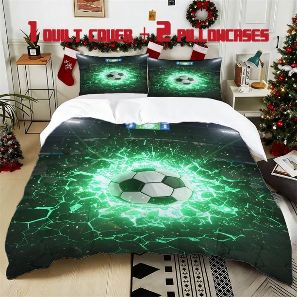 3pcs Soccer Lightning Printed Bedding Set Soft Polyester Duvet Cover with 2 Pillowcases All Season Comfort